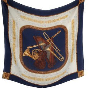 Vintage Liz Claiborne Silk Scarf Musical Instruments Print Navy Blue 30" Square